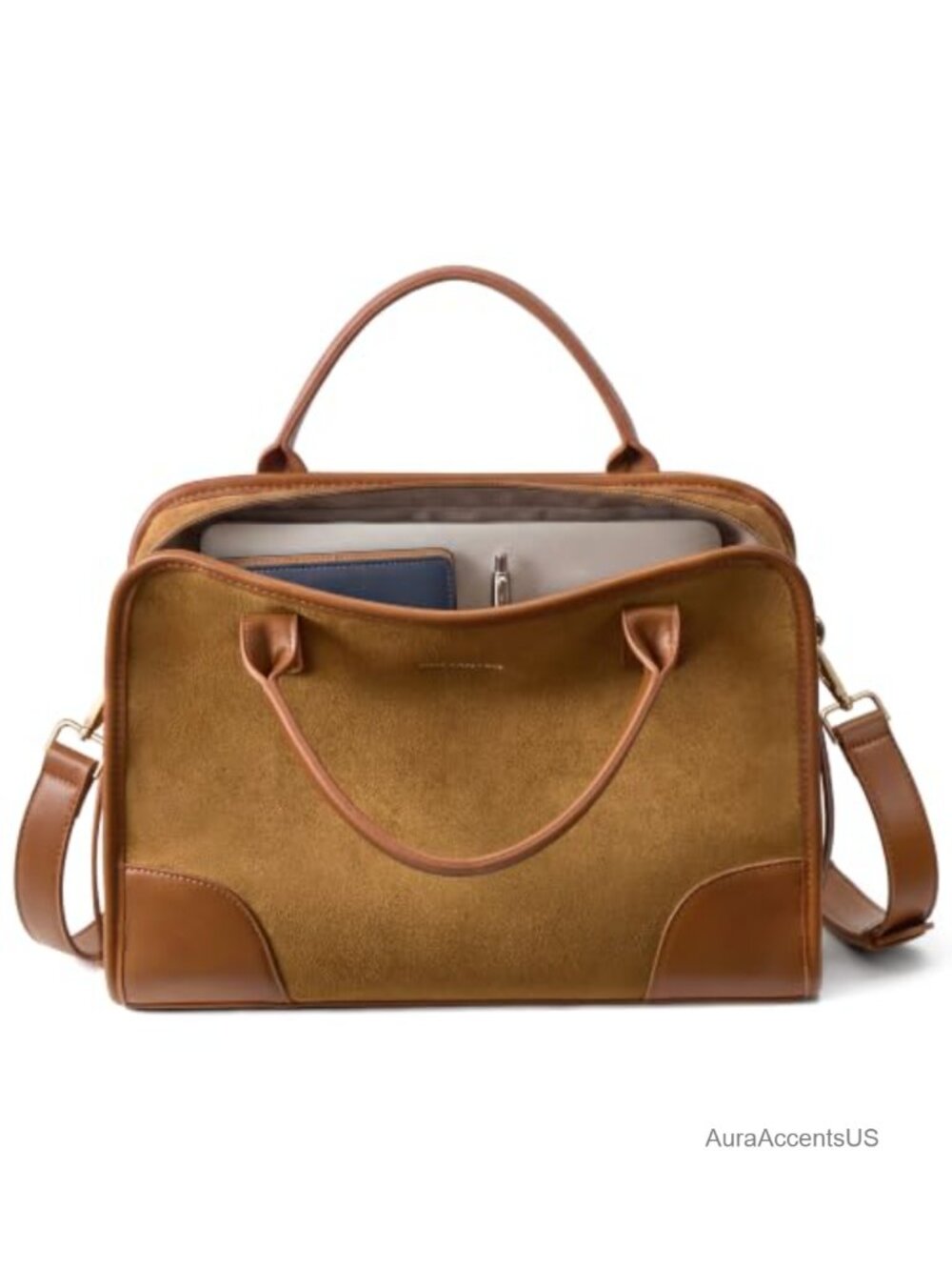Vintage Suede Leather Satchel Handbag Structured Purse with Top Handle